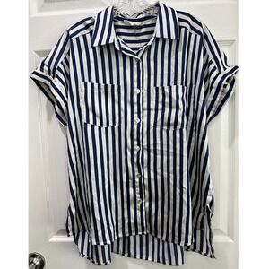 Entro Navy White Stripe Button Down Shirt Short Sleeve Women Size S Beach Preppy